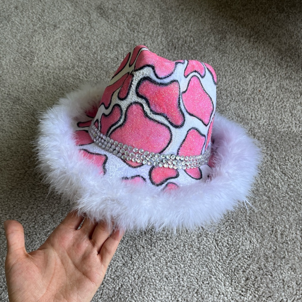 Pink Cow Print Hat with White Trim